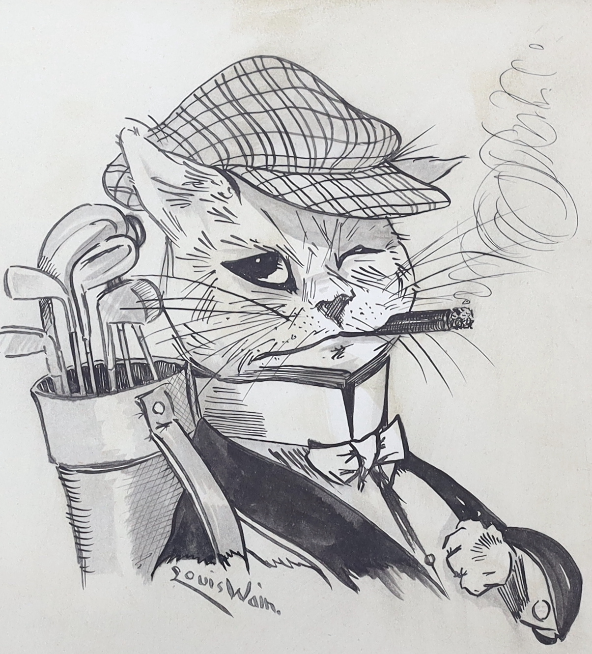 After Louis Wain (1860-1939), ink sketch, Comical study of a cat smoking, bears signature, 21 x 18cm